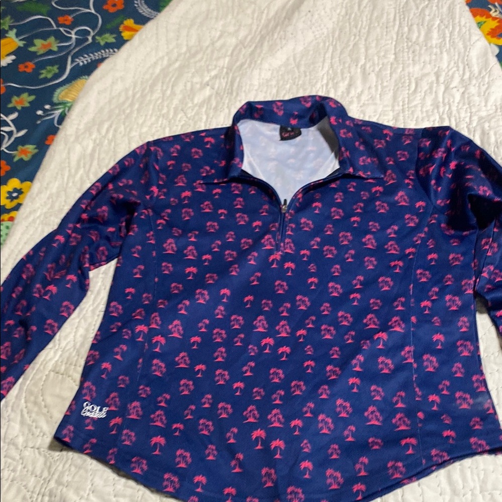 Navy Blue Quarter-Zip Pullover with Pink Palm Print